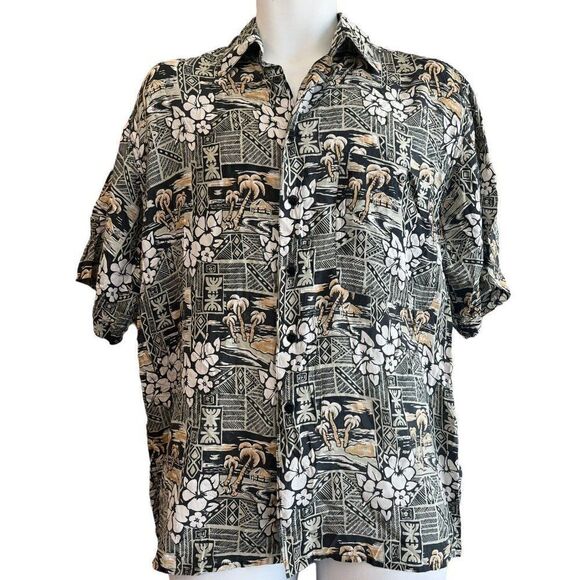 Mens Medium Silk Button Front Shirt Hawaiian Hibiscus Flower Palm Tree Gray - Picture 1 of 4